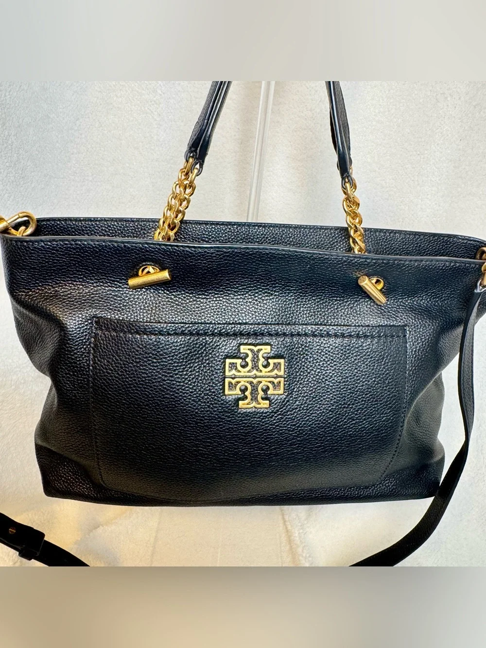 Tory Burch Britten Satchel Black Pebbled Leather Tote Crossbody Bag
